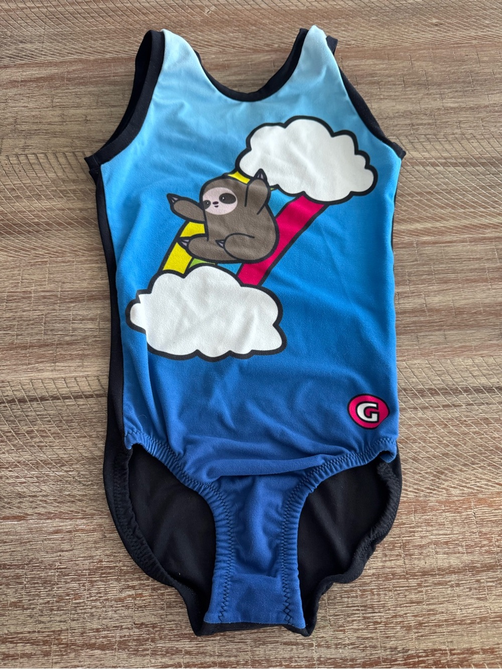 Gymgear Blue Kids One-Piece Leotard with Sloth & Rainbow Clouds 6X/7
